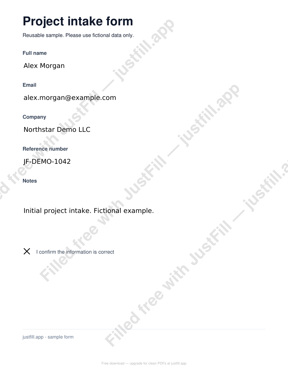 The same project intake form filled with fictional Alex Morgan project details and a checked confirmation box