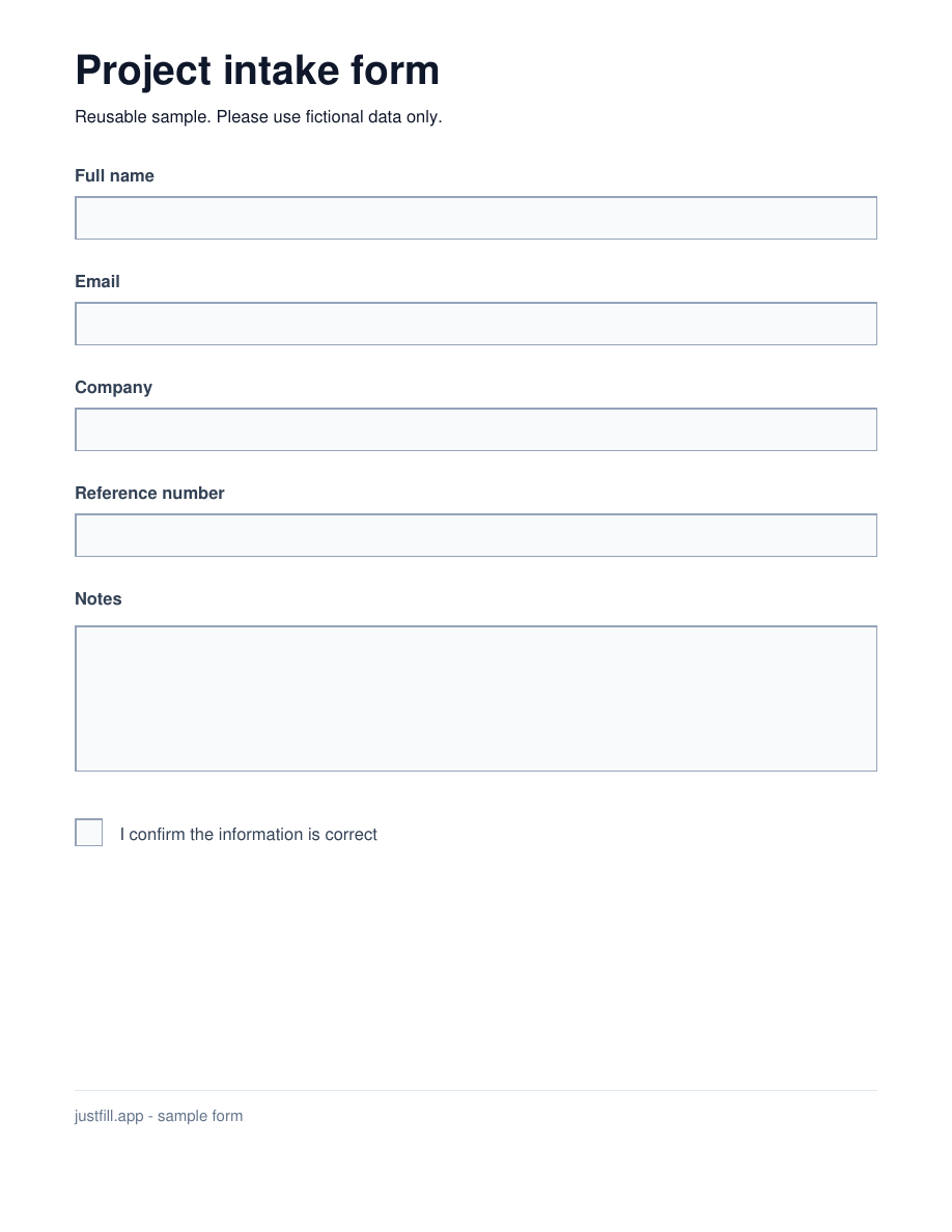 Blank project intake form with name, email, company, reference number, notes and confirmation fields