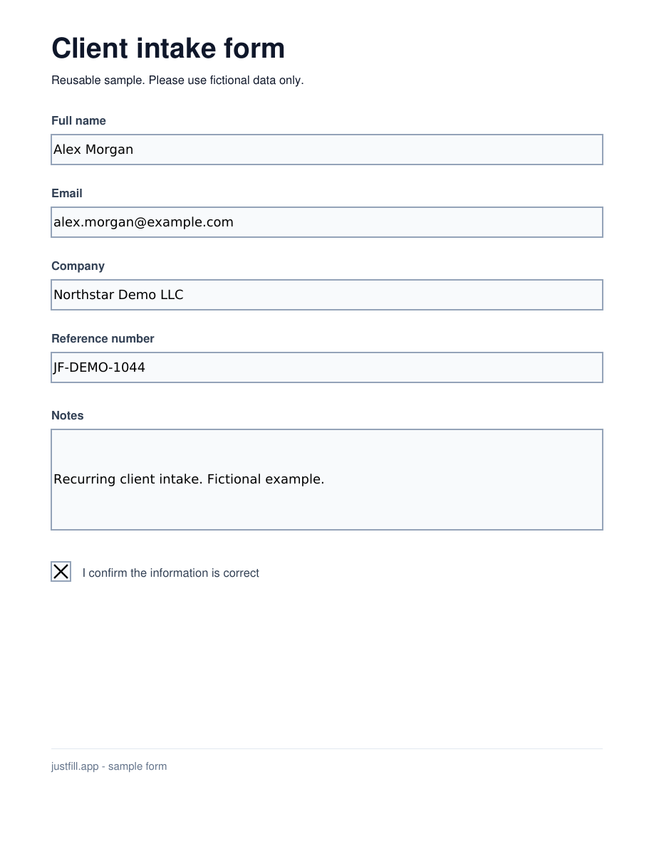 Converted client intake PDF with fictional Alex Morgan values and a checked confirmation box