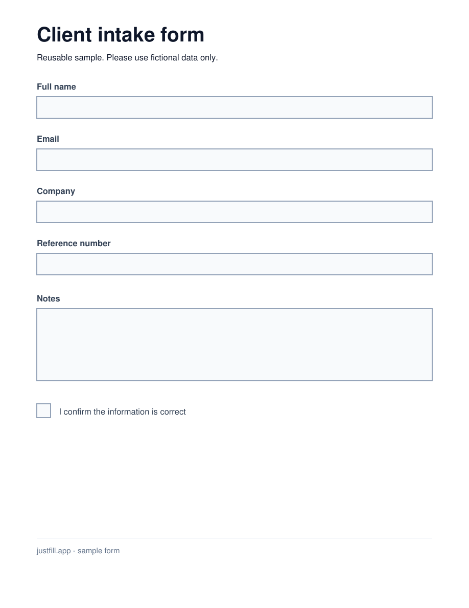 Original flat client intake PDF with empty boxes and no interactive fields