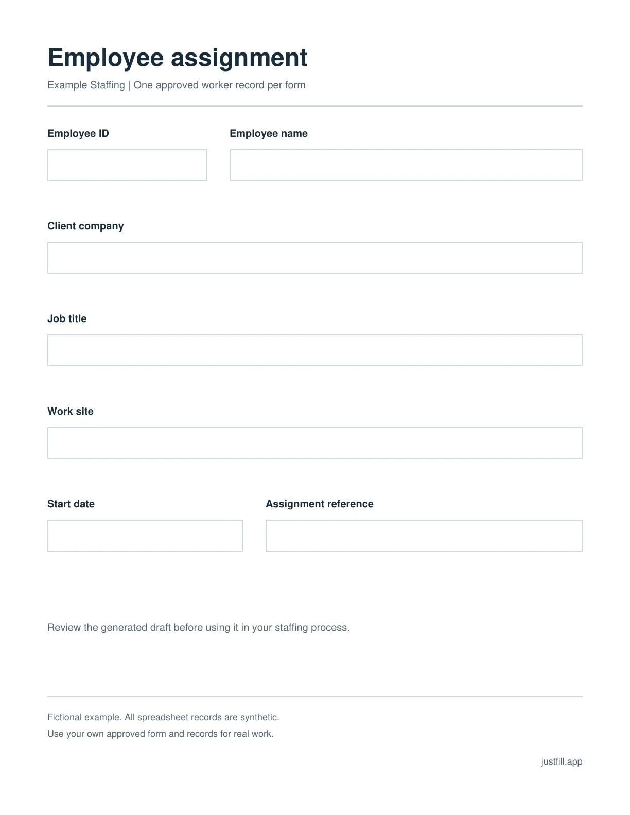 Fictional employee assignment PDF with fields for worker, client, job, work site and start date