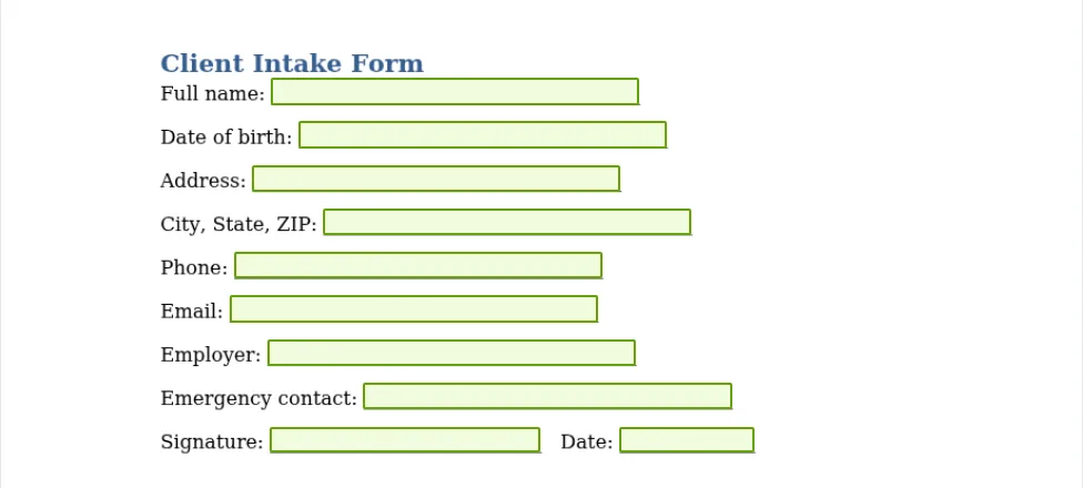 A sample Client Intake Form made in Word, uploaded to JustFill: nine text fields and a date field outlined in green on the blank lines