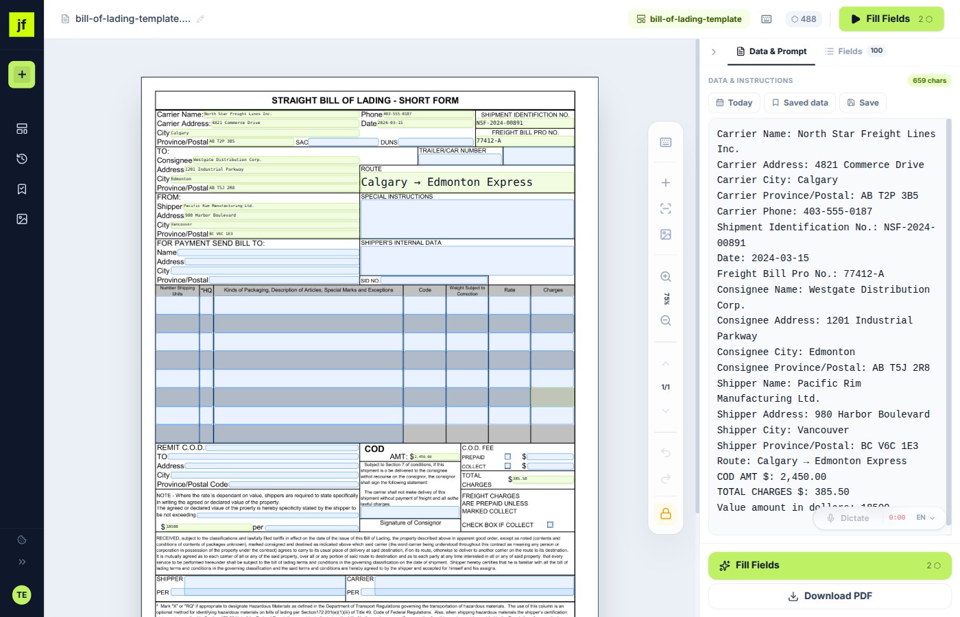 Fill PDF form online free — JustFill editor with auto-detected fields ready for data input